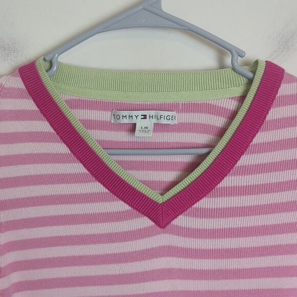 Y2K Tommy Hilfinger Cropped Preppy Tight Knit Sweater Pink Women's Size L - Picture 2 of 11